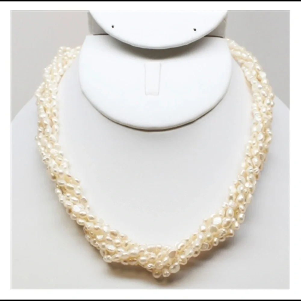 Multi Strand Twisted Freshwater Pearl Elegant Special Event Necklace Choker 16”